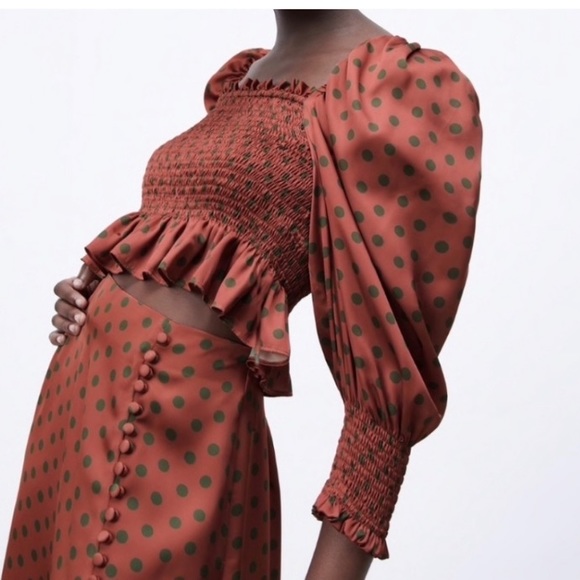 Zara red green polka dot blouse top, medium - Picture 2 of 8